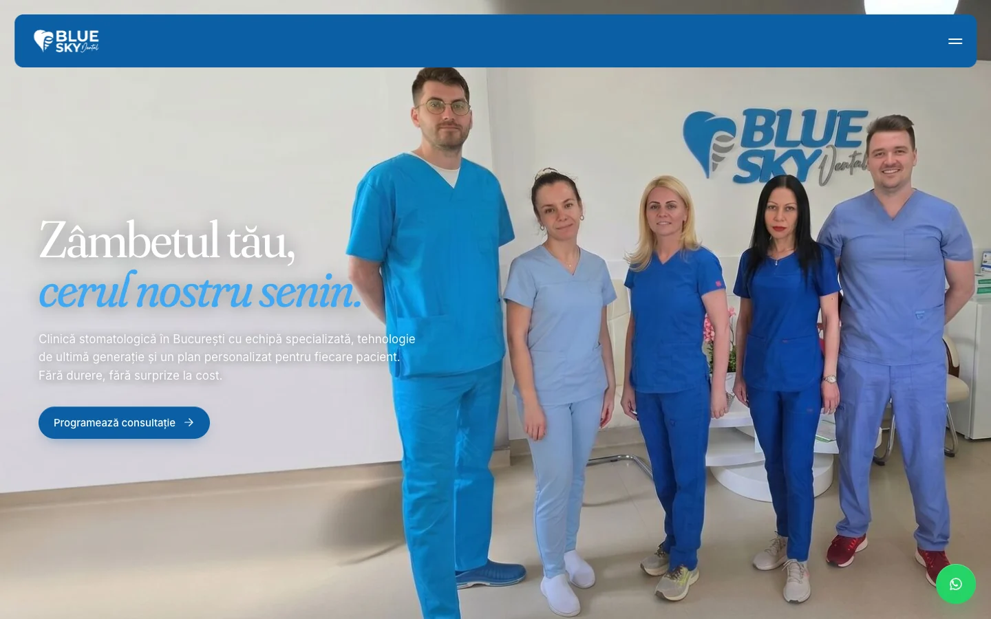 Site-ul Blue Sky Dental, versiunea desktop