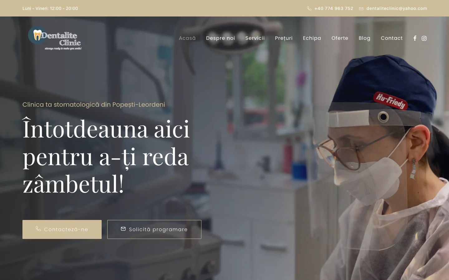 Site-ul Dentalite Clinic, versiunea desktop