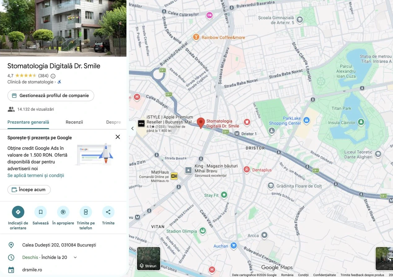 Profilul Google al clinicii Dr. Smile, cu recenzii, fotografii și date de contact