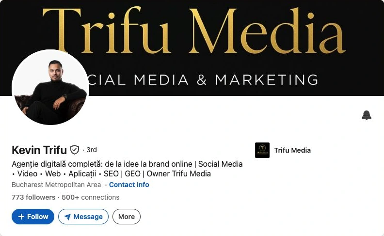 Captură reală a profilului Kevin Trifu · Trifu Media pe LinkedIn