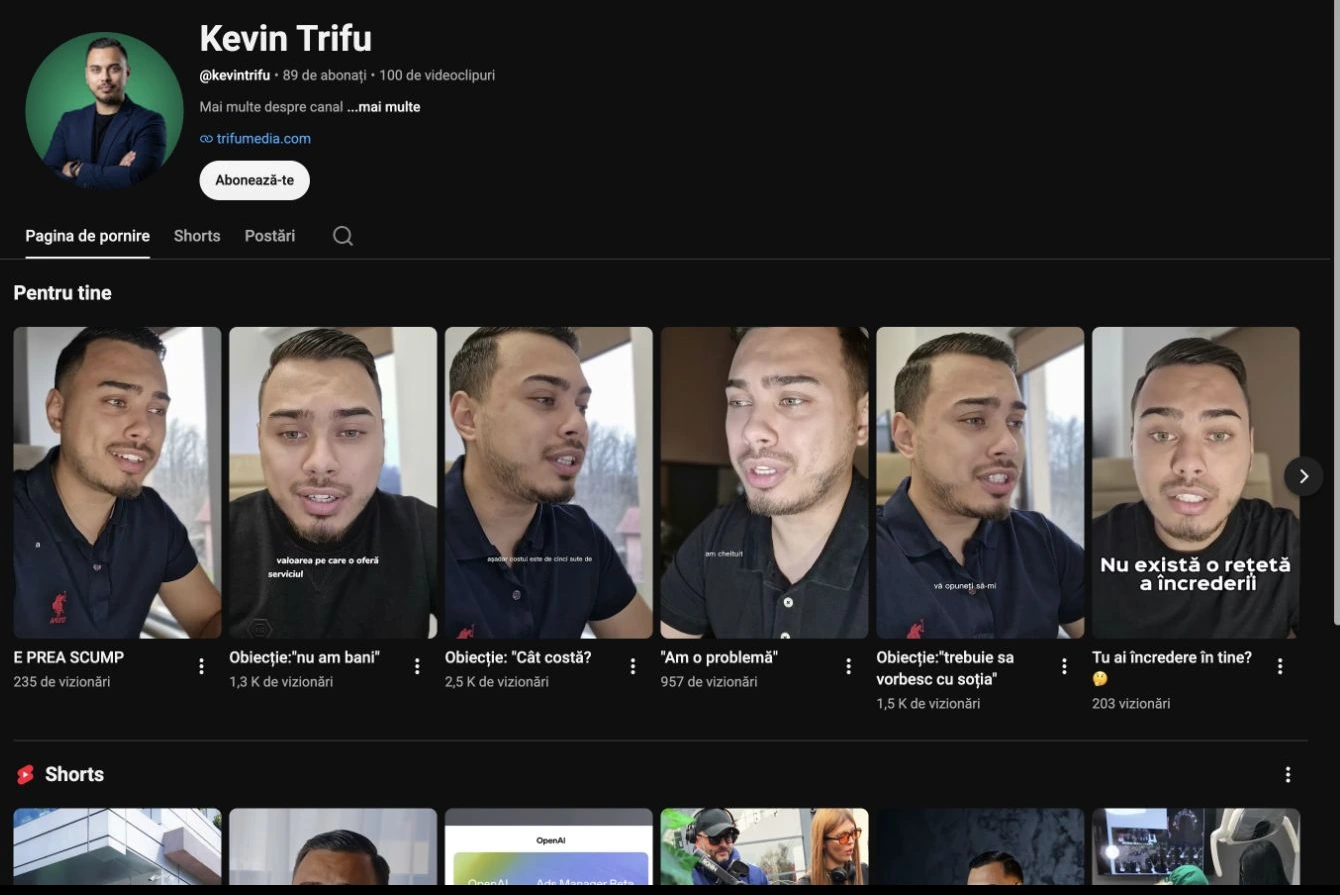 Captură reală a profilului Kevin Trifu · Dr. Smile în Shorts pe YouTube